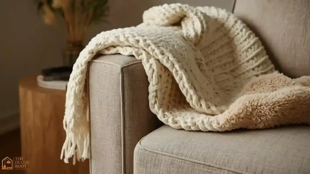 Chunky knit blanket draped diagonally over a sofa arm styled for Christmas