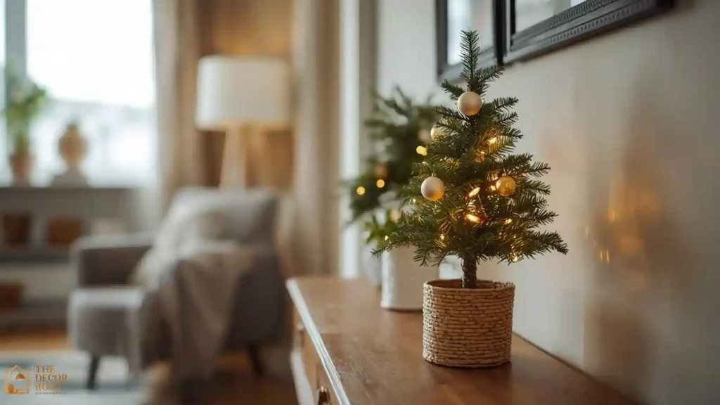 Small tabletop Christmas tree styled on a console table