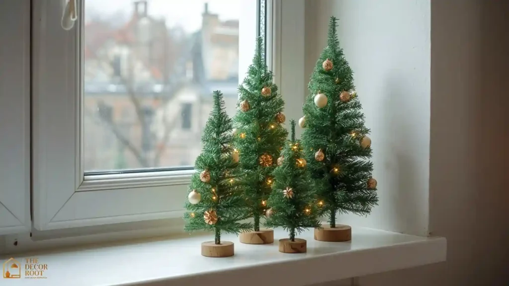 Grouped set of three mini Christmas trees of varying heights