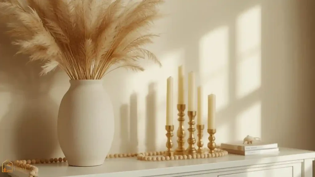 Neutral Christmas console table styled with dried pampas grass and taper candles