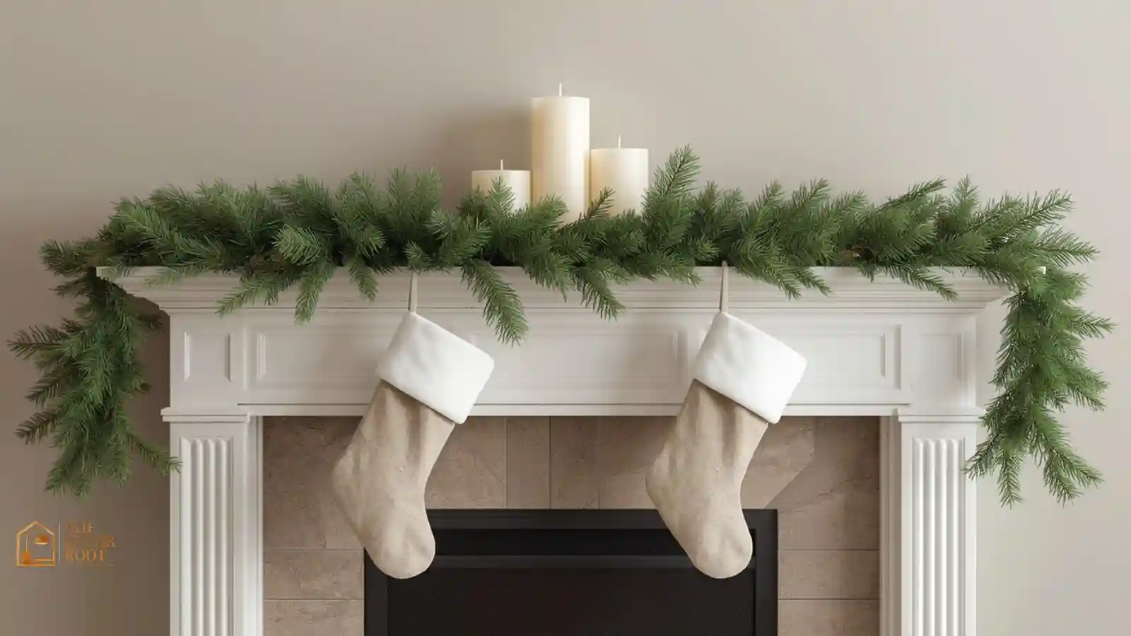 Clean, uncluttered Christmas mantel with garland, candles, and balanced stockings