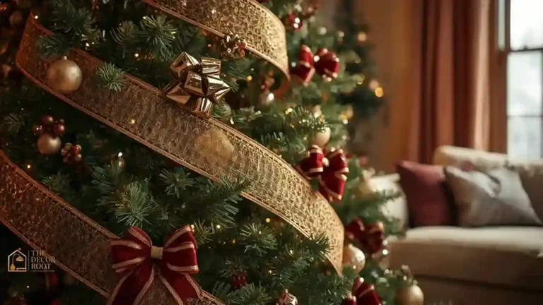 Christmas tree decorated with a diagonal ribbon spiral and layered bows