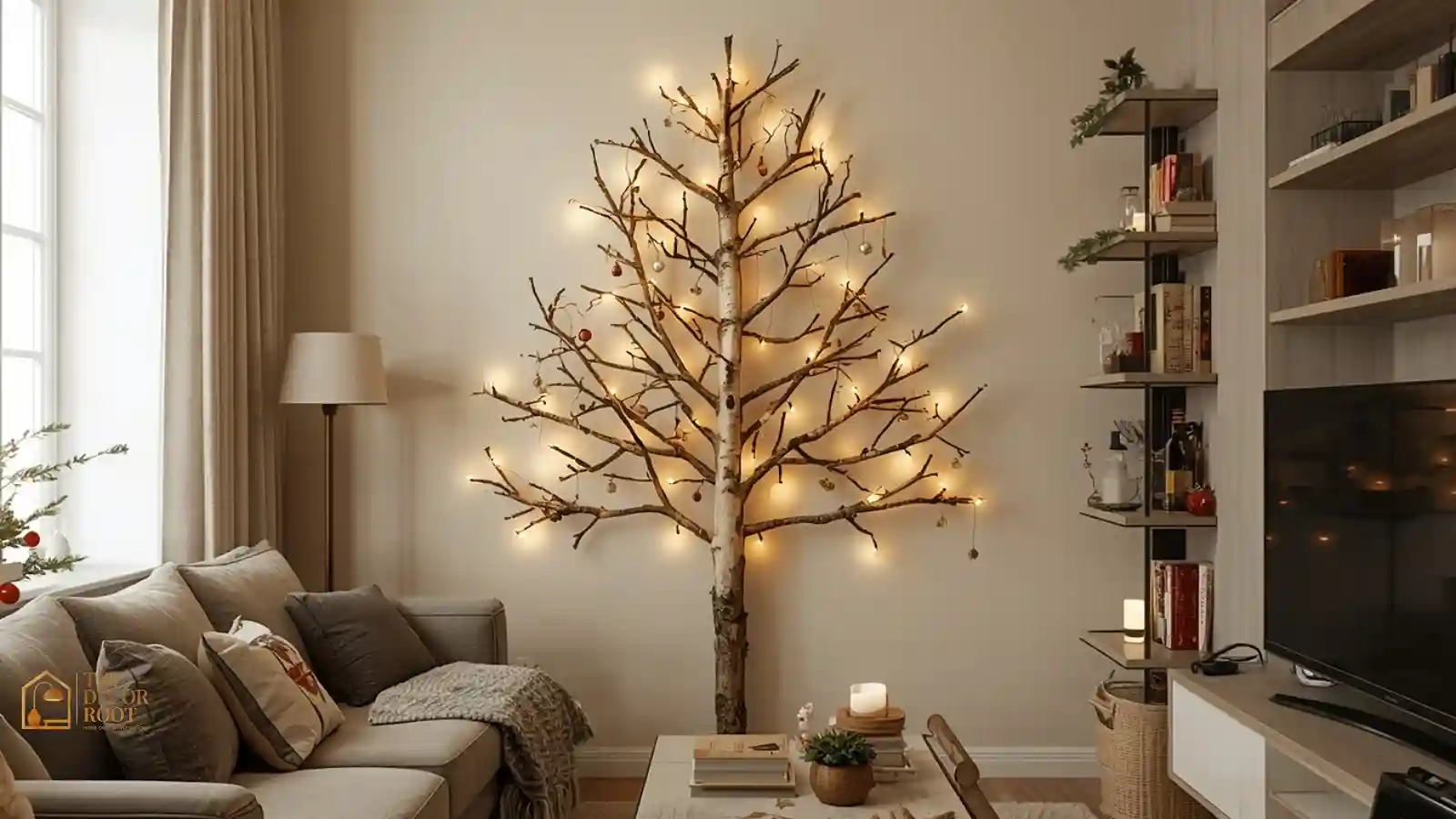 Wall-mounted alternative Christmas tree made of branches in a small apartment living room
