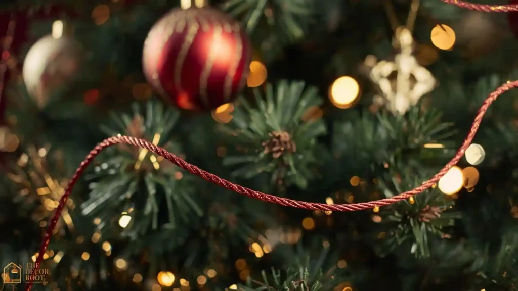 Close-up of ribbon spiral technique on a Christmas tree with layered ornaments