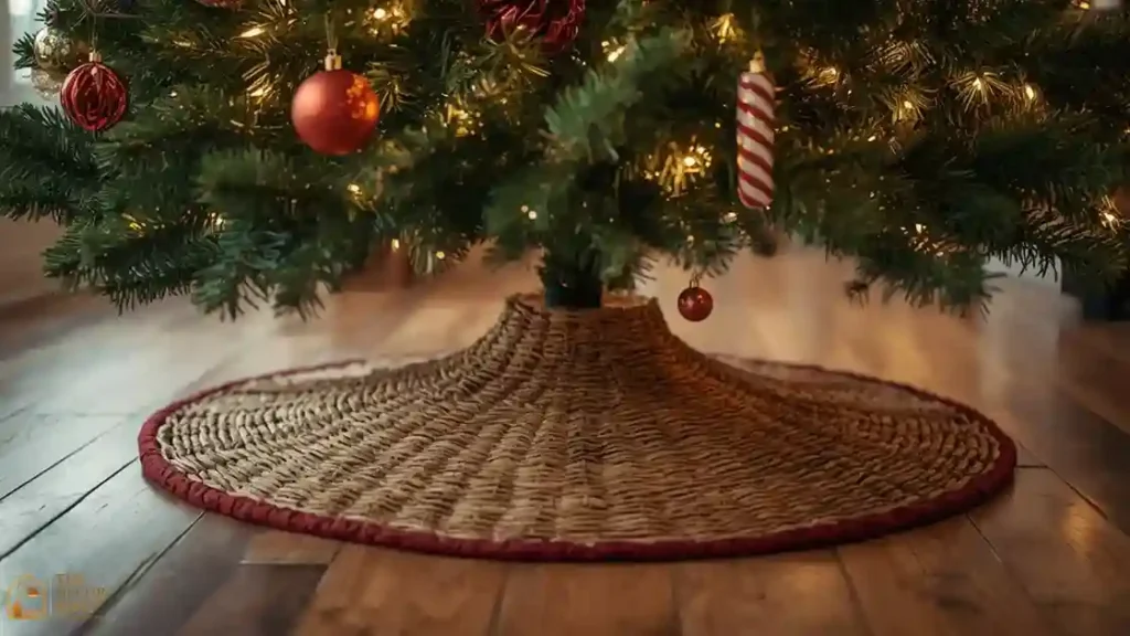 Christmas tree base styled with a woven wicker tree collar instead of a fabric skirt