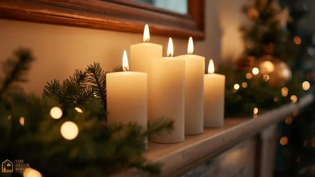 Grouped candle cluster of varying heights styled on a Christmas mantel