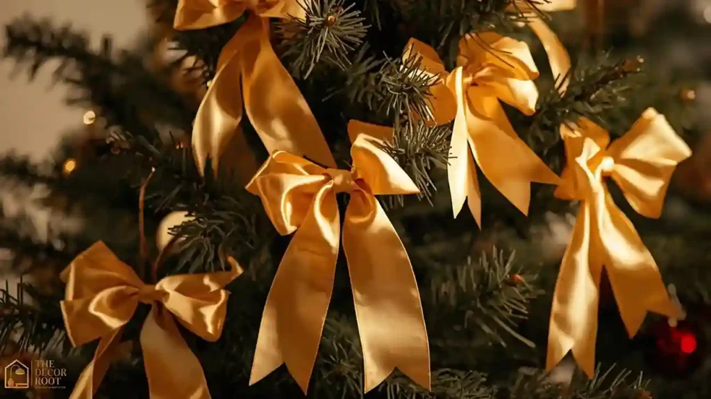 Close-up of graduated bow cascade technique on a Christmas tree