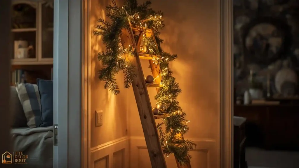 Decorative ladder draped with garland and lights as an alternative Christmas tree