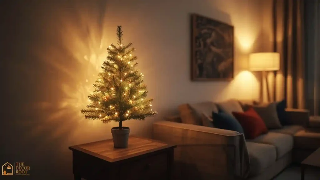 Pre-lit tabletop Christmas tree styled on a console table in a small apartment