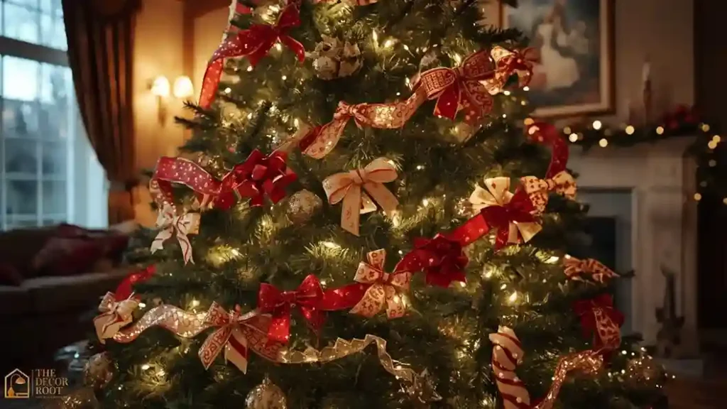 Fully finished Christmas tree with balanced ribbon and bow placement around all sides