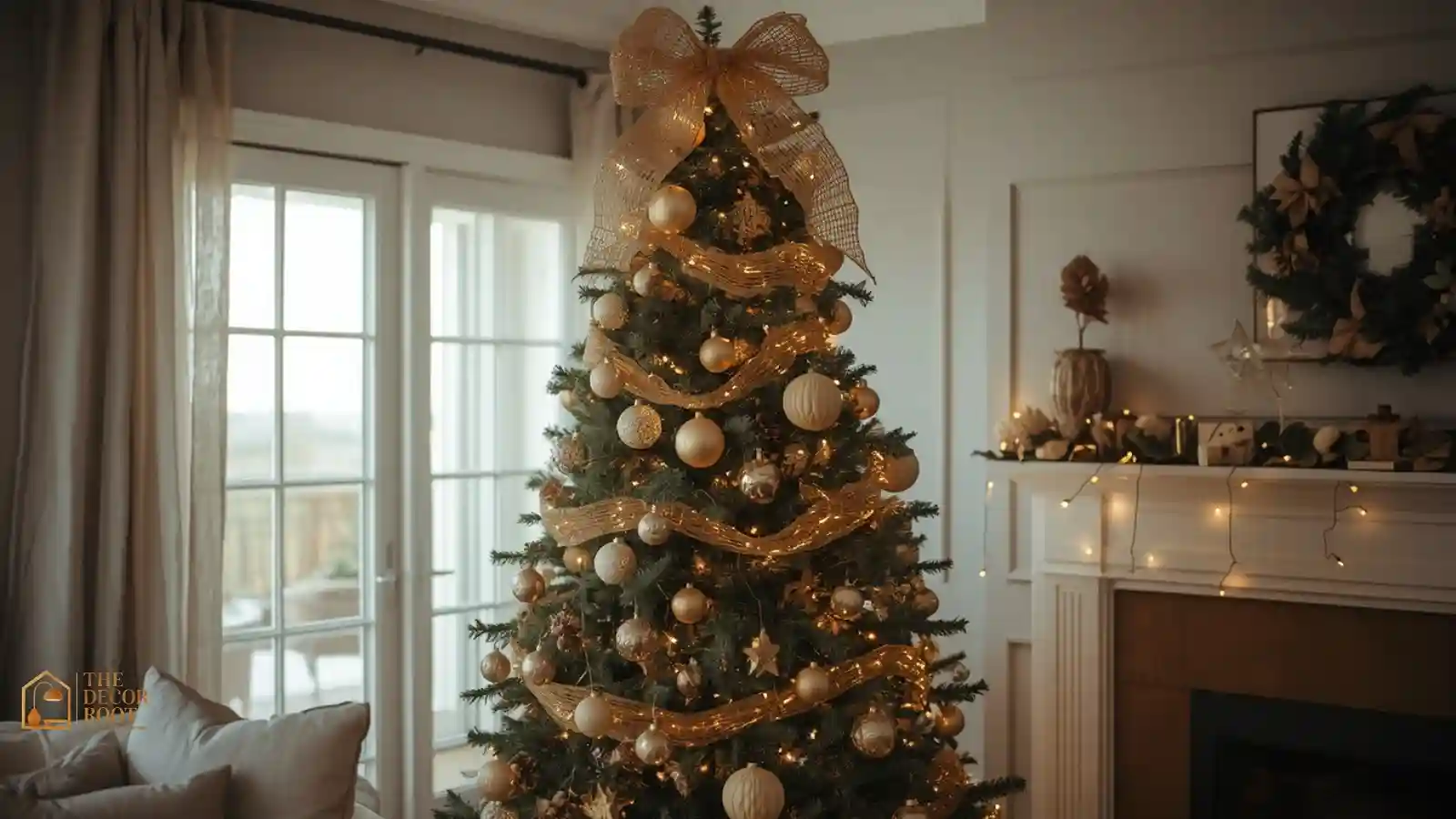 Christmas tree with a ribbon bow topper instead of a traditional star