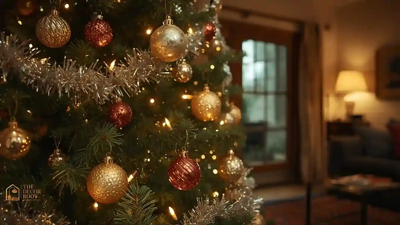 Vintage-style Christmas tree decorated with mercury glass ornaments and warm bulb lights