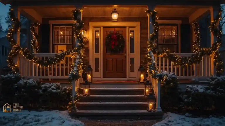 Front porch decorated for Christmas with garland, lanterns, and warm lights