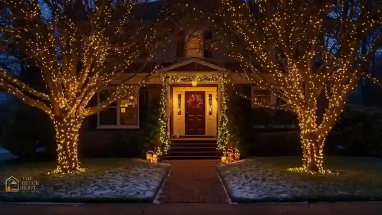 Yard decorated for Christmas with tree lights and yard displays