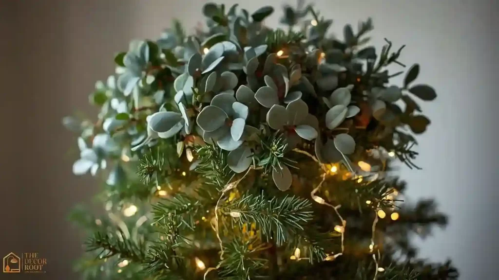 Faux eucalyptus and pine spray used as a Christmas tree topper