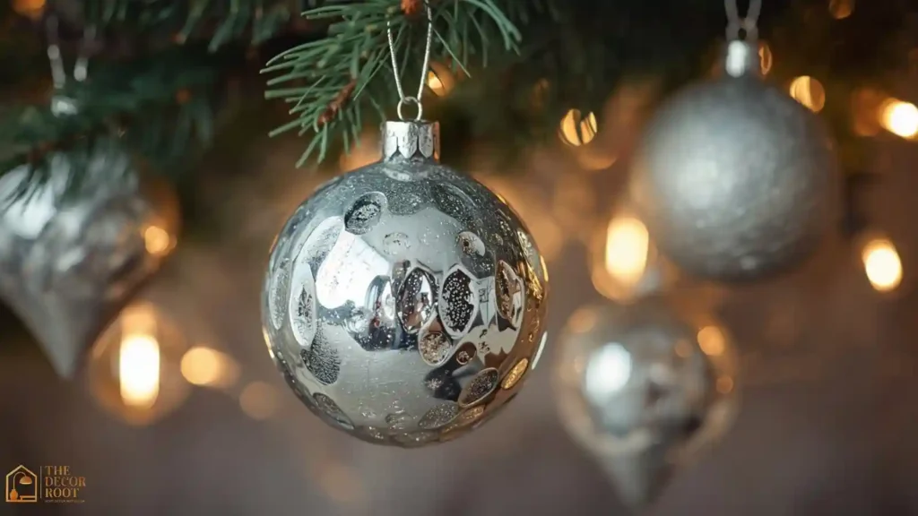 Mercury glass Christmas ornaments hanging on a vintage-style tree