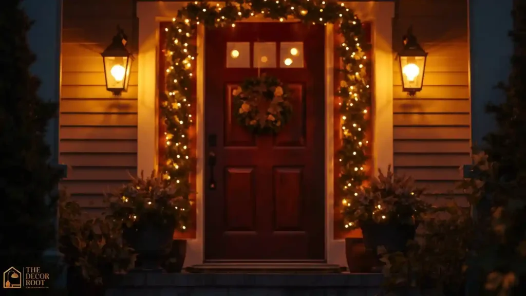 LED lanterns flanking a front door decorated for Christmas