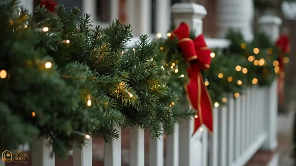 Garland-wrapped porch railing decorated for Christmas