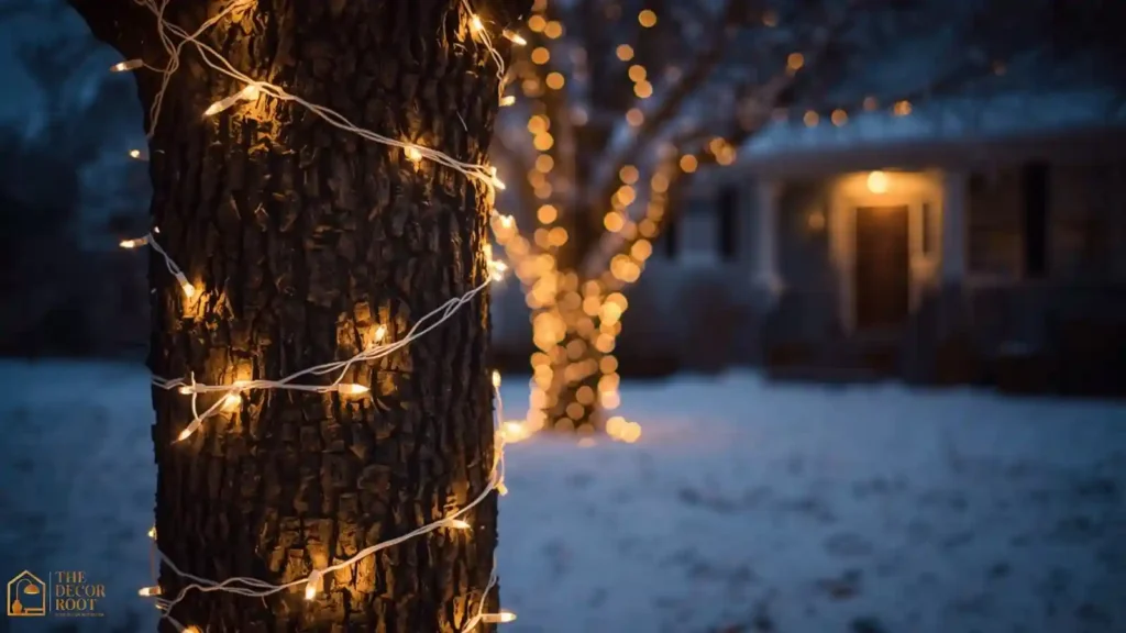 Tree trunk wrapped in warm white Christmas lights in a front yard