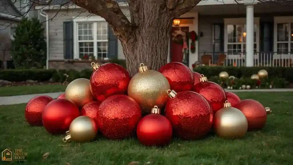 Giant Christmas ornaments displayed under a tree in a front yard