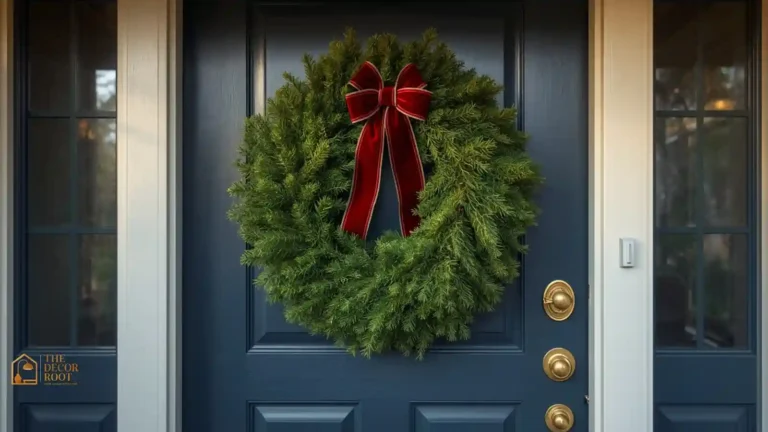 Oversized fresh evergreen Christmas wreath with red velvet bow on a navy front door