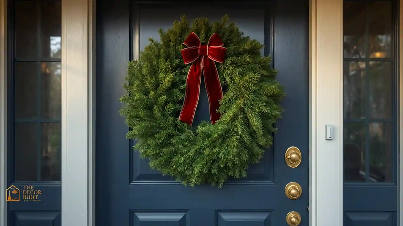 Oversized fresh evergreen Christmas wreath with red velvet bow on a navy front door