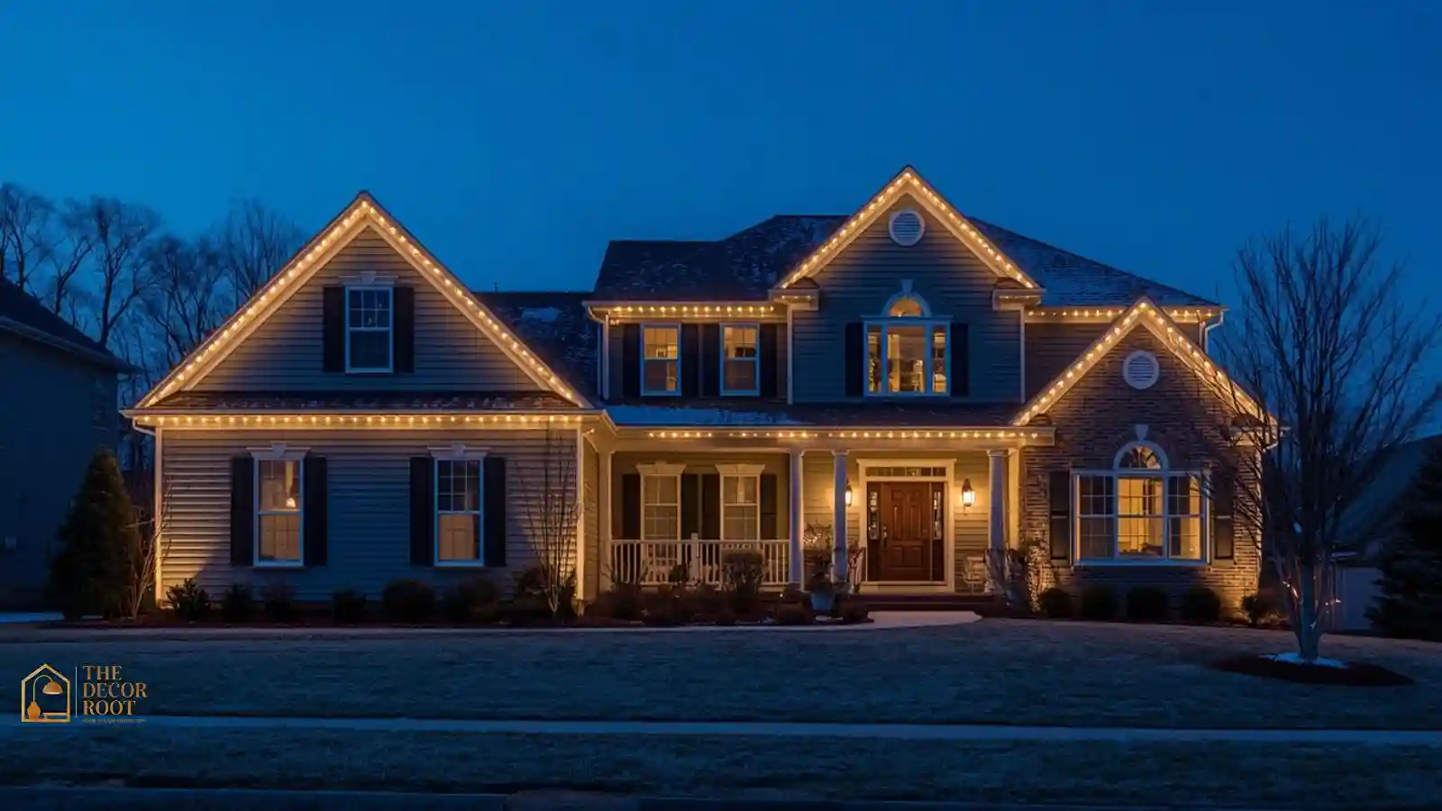 Two-story home at dusk with warm white C9 Christmas lights outlining the roofline