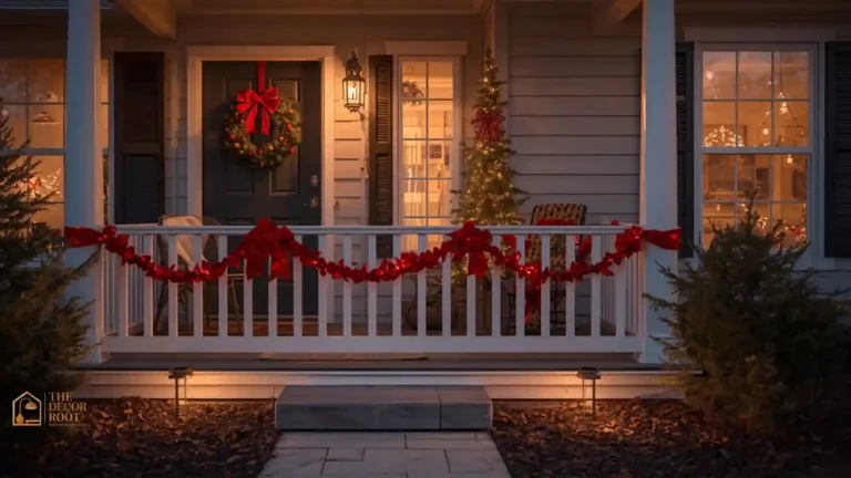 Small front porch decorated for Christmas with a wreath, ribbon-wrapped posts, and solar pathway lights