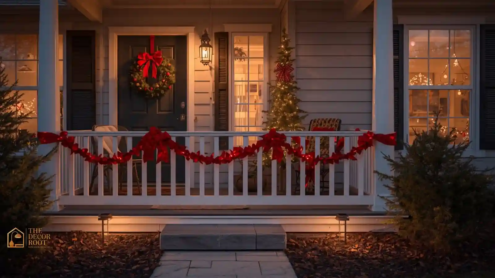 Small front porch decorated for Christmas with a wreath, ribbon-wrapped posts, and solar pathway lights