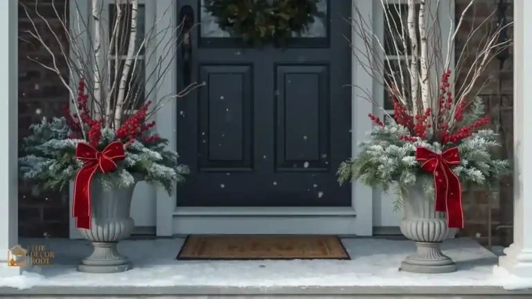 Two large Christmas porch planters filled with evergreen branches, red berries, and birch stems in snow