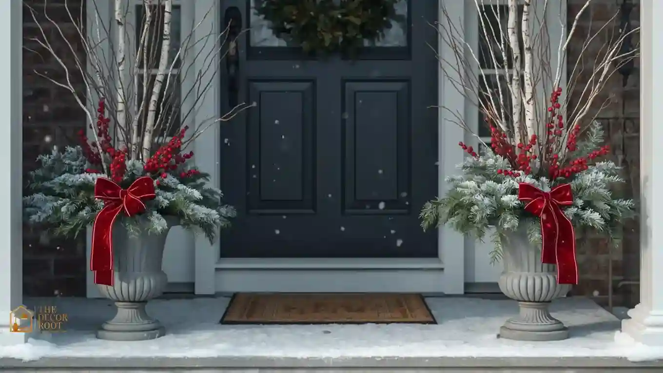 Two large Christmas porch planters filled with evergreen branches, red berries, and birch stems in snow