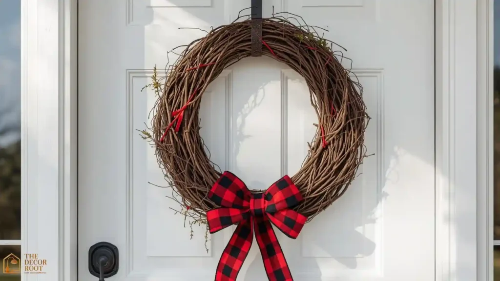 Grapevine Christmas wreath with black and red buffalo plaid ribbon on a white farmhouse door