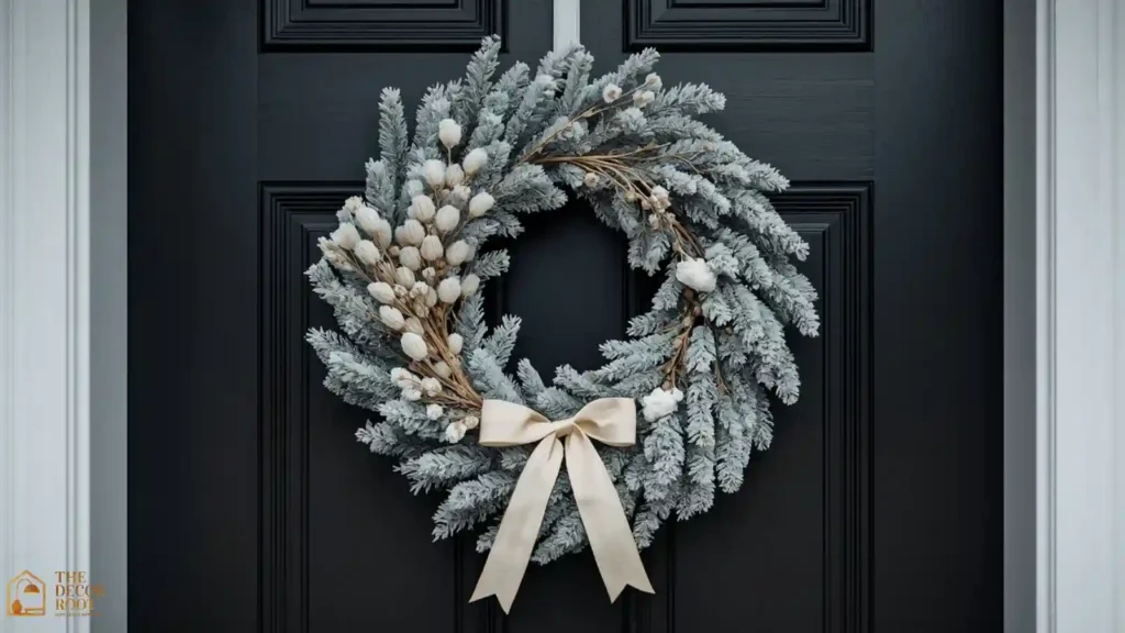 White flocked pine Christmas wreath with cream velvet bow on a black front door