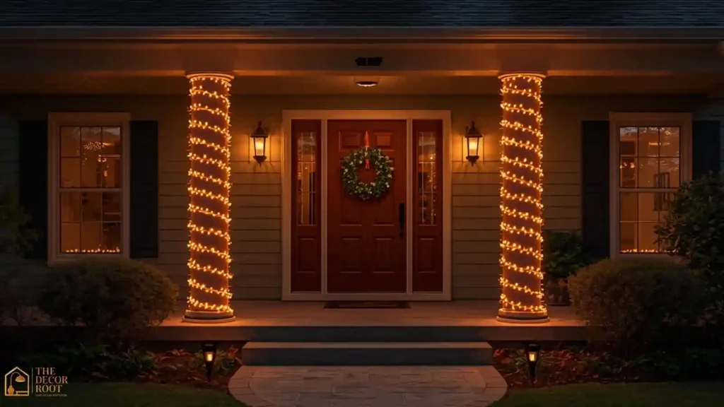 Front porch columns tightly spiral-wrapped in warm white Christmas lights at dusk