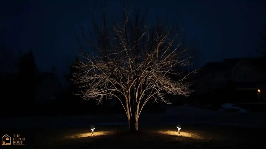 Bare front-yard tree uplit with warm white ground spotlights against a dark winter sky