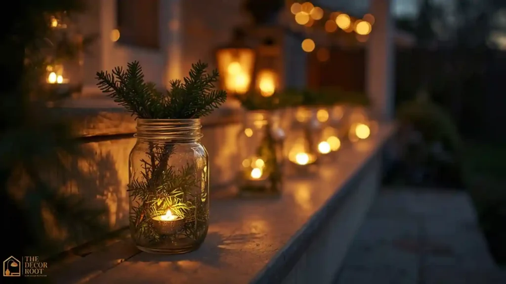 	Mason jar lanterns with battery tea lights and greenery lining front porch steps