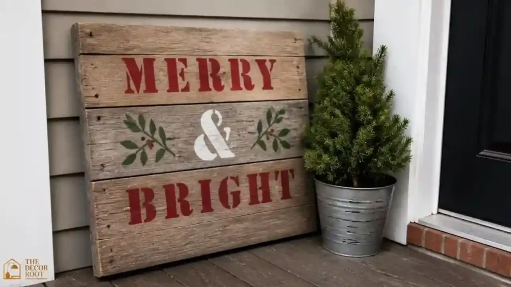 	Rustic wooden pallet Christmas sign leaning against a front porch wall
