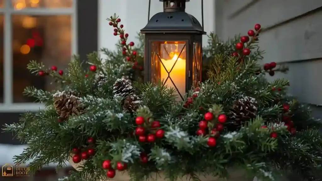 Christmas porch planter with a battery lantern centerpiece surrounded by evergreen and red berries