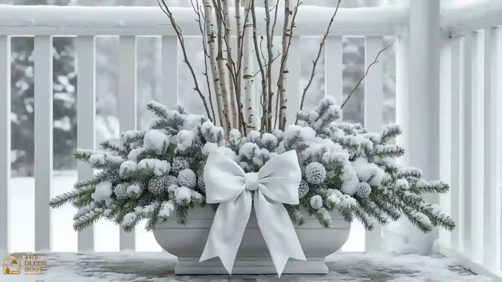 All-white and silver Christmas porch planter with birch branches and frosted pinecones