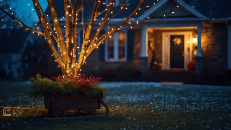 Snow-dusted front yard decorated with warm white lights, a wooden sleigh, and pine garland for a religious-neutral Christmas look