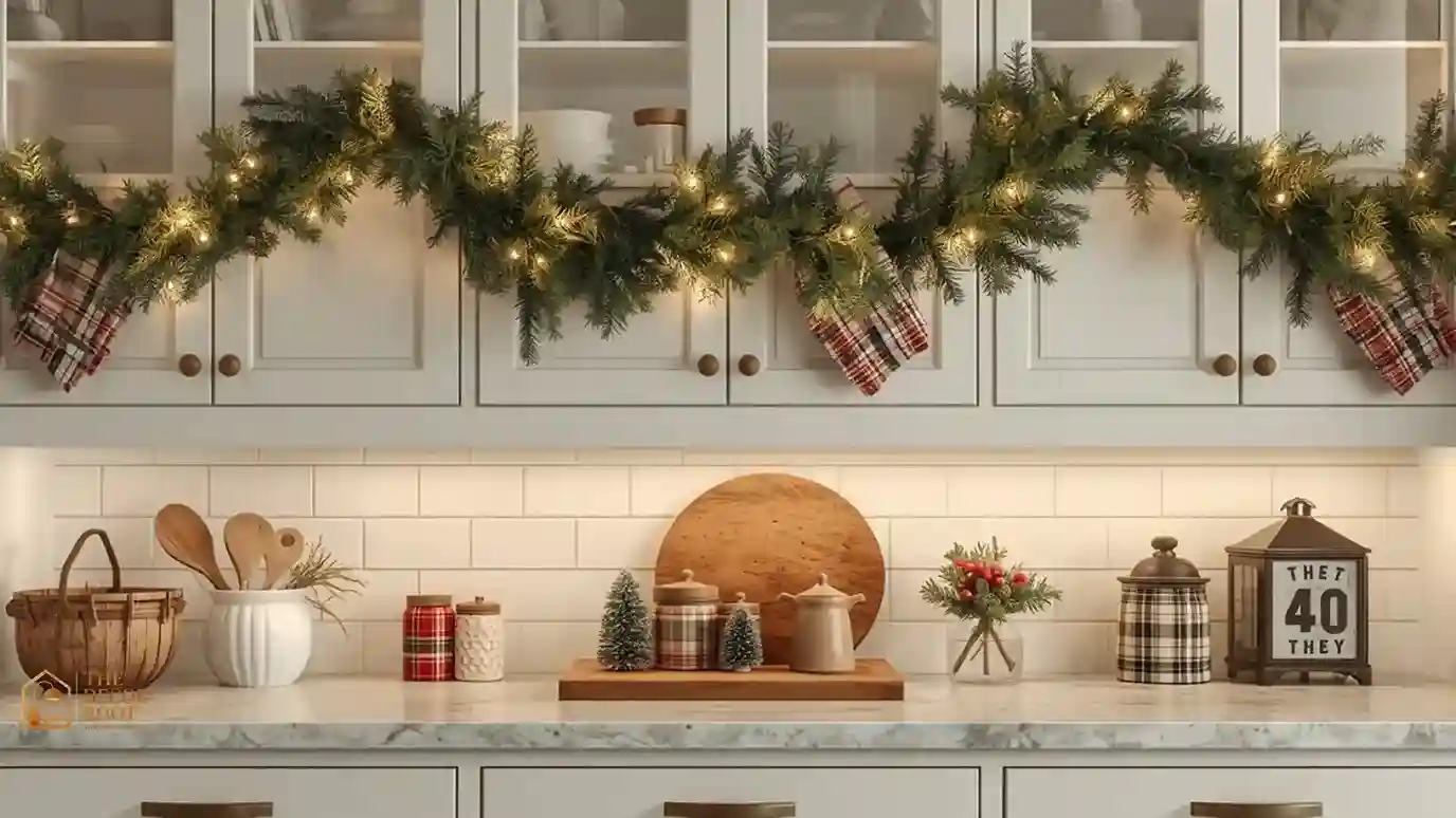 Farmhouse kitchen counter styled with pine garland, plaid towels, and warm string lights for cozy Christmas decor