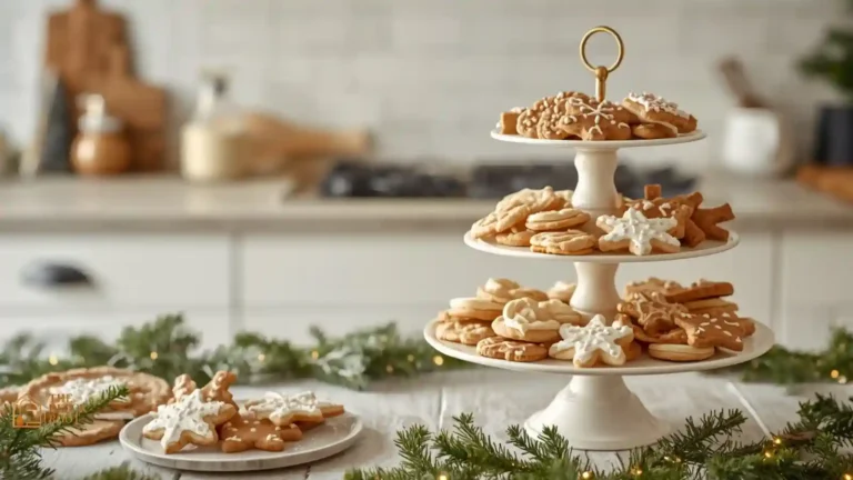 Tiered dessert stand filled with decorated Christmas cookies on a styled kitchen counter cookie station
