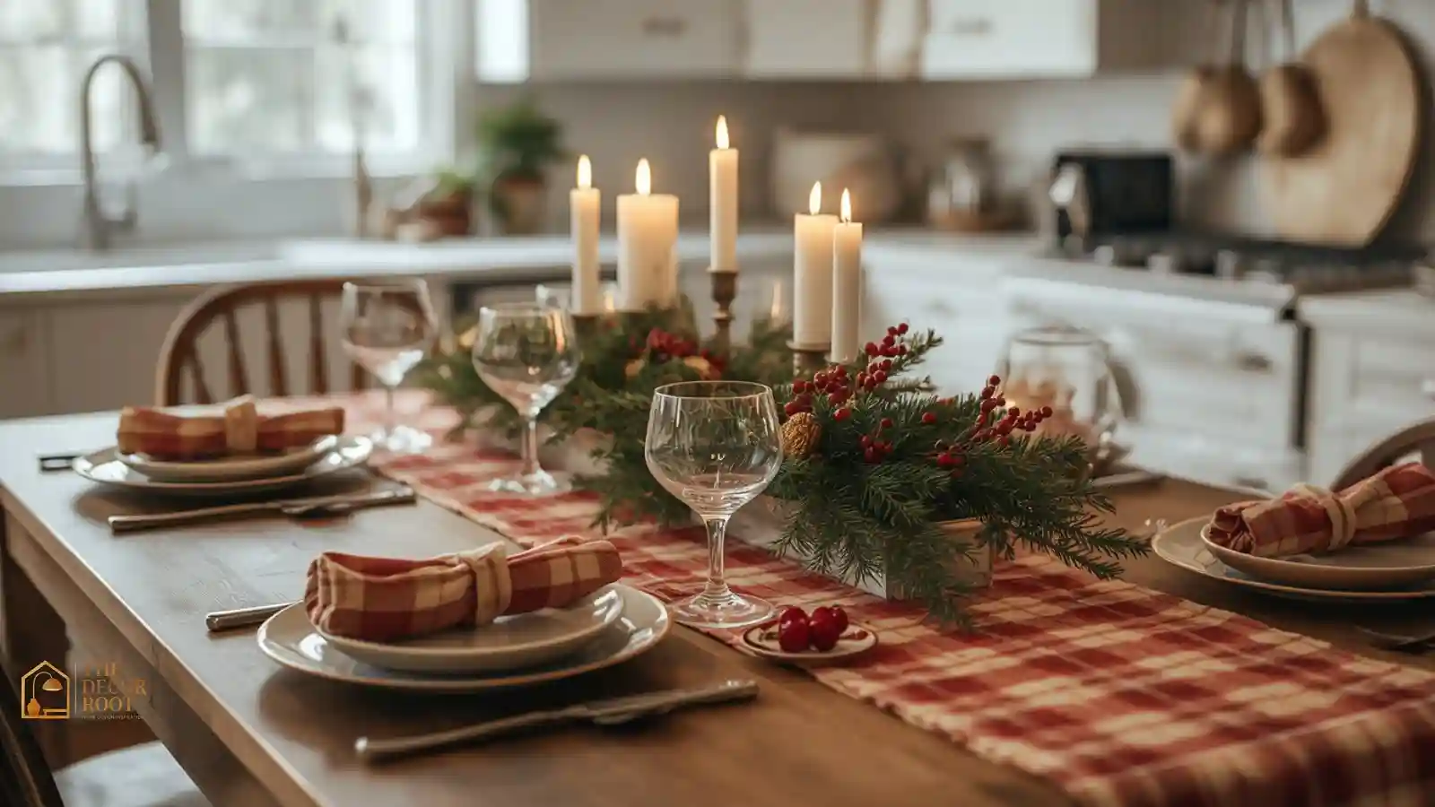 Kitchen table styled with a plaid Christmas table runner, greenery centerpiece, and warm candlelight