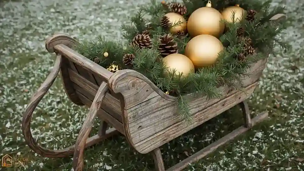 Rustic wooden sleigh filled with pine boughs and oversized ornaments as a religious-neutral Christmas yard centerpiece