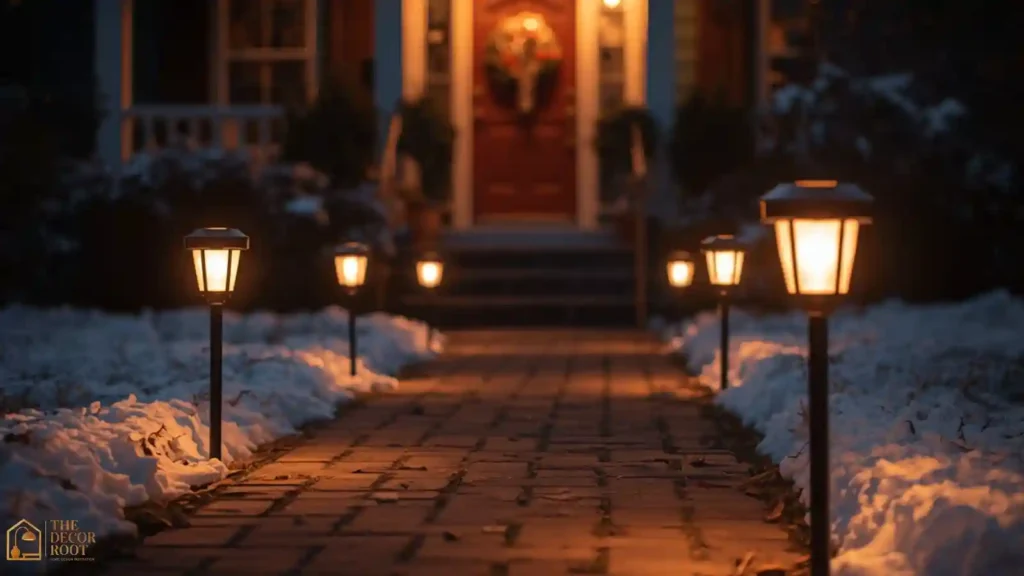 	Solar pathway stake lights lining a snowy front walkway at night for a secular Christmas yard display