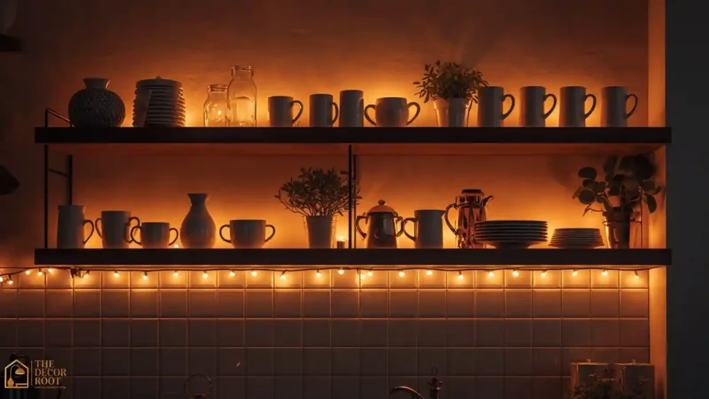 Open kitchen shelving lit with mini LED string lights displaying mugs and greenery for Christmas