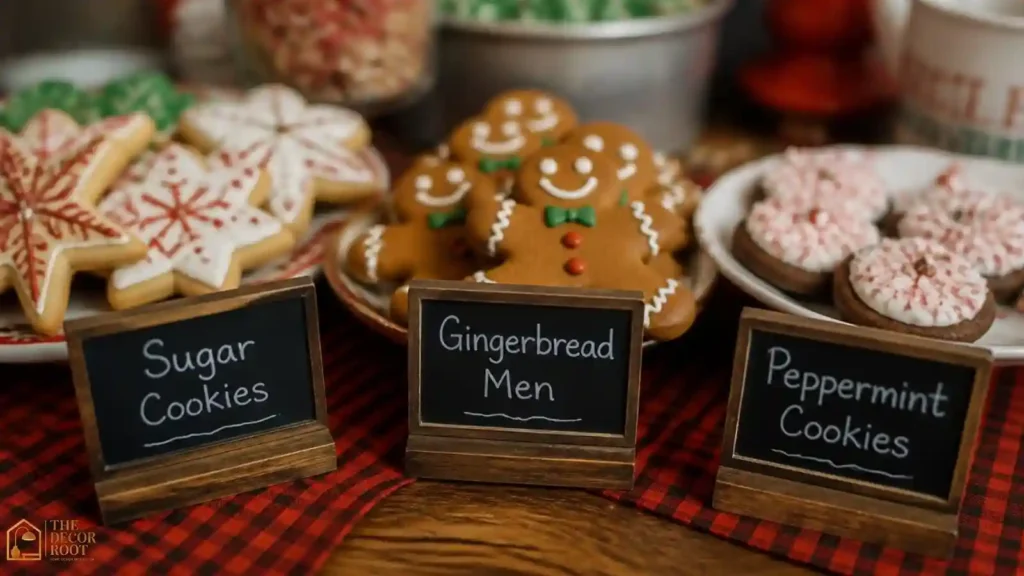 Mini chalkboard signs labeling different Christmas cookie varieties on a styled dessert table