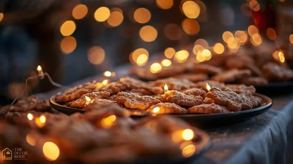 Christmas cookie table lit with scattered twinkle lights for an evening holiday gathering
