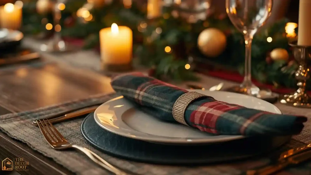 Christmas table runner layered over coordinating placemats with napkin rings and candle holders