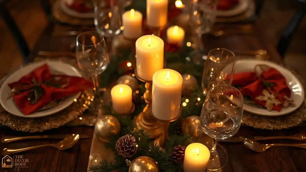 Graduated pillar candle holders lined down the center of a styled Christmas table runner